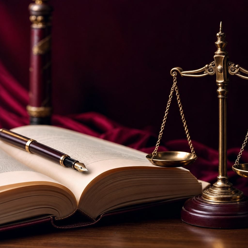 Código legal abierto junto a una balanza de la justicia